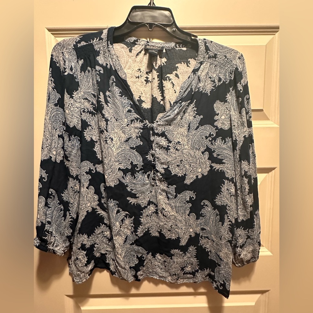 Lucky Brand Navy Paisley V-Neck Button Front Blouse